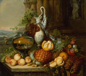 Natureza Morta com Fruta, Arco de Peixe e Paisagem de Joseph Biays Ord