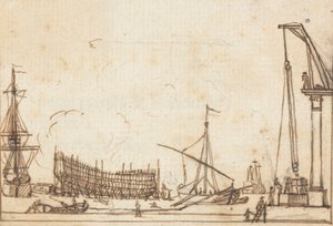 Cena da Doca: Barcos e Navios de Vários Tamanhos; Construção Naval; Máquinas tipo Pully com Operadores de Joseph Cartwright