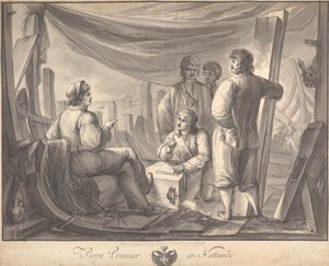 Pierre Premier en Hollande: Cena Dentro de Navio com Pedro o Grande, Tomando Notas, sobre Construção Naval de Joseph Cartwright