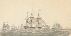 Vista lateral do navio de guerra rodeado por vários outros em mares pesados de Joseph Cartwright