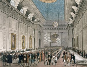 A Procissão no Pavilhão dos Maçons, Queen Street, por ocasião do Jantar Anual para as moças assistidas pela Ordem, do Microcosmo de Londres de Ackermann (litografia colorida)