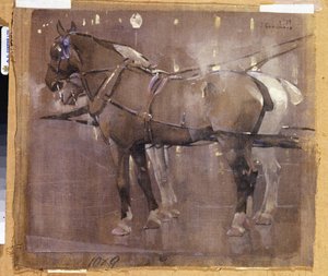 Cab Horses by Gaslight (aguarela e cor de corpo sobre linho) de Joseph Crawhall