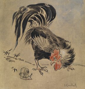 Galo espanhol e caracol (guache sobre linho)