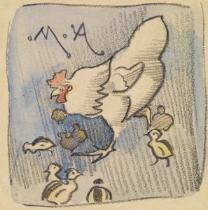 Galinha branca e galinhas, c.1901 (giz, lápis e aguada sobre papel) de Joseph Crawhall
