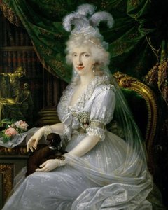 Alemão: Marie Luise (Ludovica) de Nápoles-Sicília (1773-1802), esposa de Fernando III da Toscana, sentada a uma mesa, retrato até ao joelho de Luísa Maria Amélia Teresa de Nápoles e Sicília, princesa de Nápoles e Sicília (1773-1802), grã-duquesa consorte d de Joseph Dorffmeister