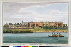 Hampton Court, gravado por JC Stadler (fl.1780-1812) da "História do Tamisa", de Havell, de 1793 (gravura a cores) de Joseph Farington
