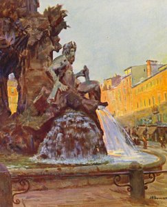 Roma: Piazza Navona, Fonte de Bernini (litografia a cores) de Joseph Felix Bouchor