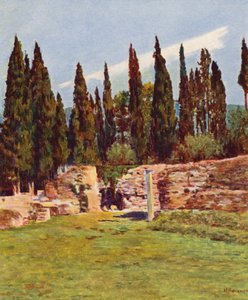 Roma: Villa Hadriana, Coluna do Teatro Grego (litografia a cores) de Joseph Felix Bouchor