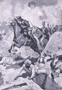 Sobraon: Sir Joseph Thackwell lidera os 3º Dragões de Luz em fila única através de algumas escavações sikhs, ilustração das Batalhas Britânicas em Terra e Mar, 1915