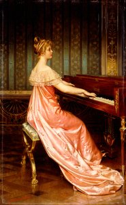 Senhora elegante sentada no Piano-Forte,