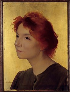 Retrato da cantora Yvette Guilbert (1867-1944). Retrato de uma mulher de cabelo ruivo sobre um fundo dourado. Pintura de Joseph Granie (1861-1915) 1895 Sol. 0,41x0,31 m Paris, musee d