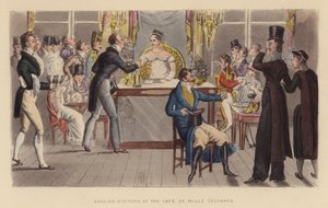 Visitantes ingleses no Café de Mille Colonnes (gravura a cores) de Joseph Grego