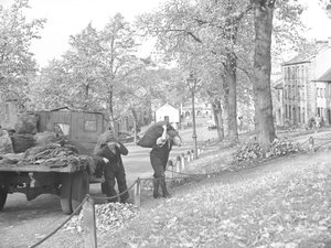 Camião na rua com dois carvoeiros carregando sacos de carvão