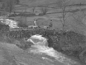 Duas mulheres e um homem caminham sobre uma ponte com cães de caça a seus pés de Joseph Hardman