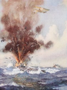 Comandante do Esquadrão AW Bigsworth ataca com bombas um submarino alemão, que enche de água e afunda Ostende