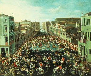 A luta entre os Nicolotti e os Castellani, na Ponte dei Pugni, Veneza, 1673