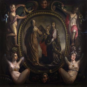 Três figuras alegóricas em um cartucho (óleo sobre tela)