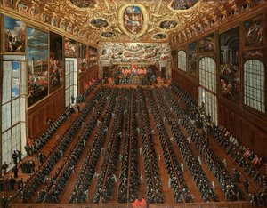 Interior da Sala Maggior Consiglio, Palácio Ducal, Veneza, com os patrícios a votar num boletim para a eleição de novos magistrados