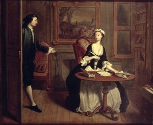 O Sr. B. encontra Pamela escrevendo, ilustração da Pamela de Richardson; ou, Virtue Rewarded &39;, primeiro pub. 1740
