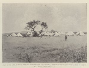 Vista do acampamento em Pitsani Pothlugo do sudeste, mostrando uma parte das tendas dos soldados à esquerda por Jameson de Joseph Holland Tringham
