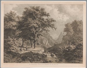 Paisagem montanhosa com uma cachoeira no meio, à esquerda um menino com três vacas e um cachorro de Joseph Hubert Blees