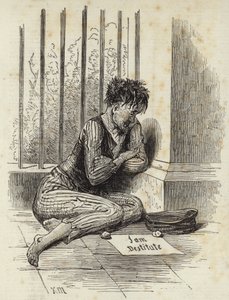 Mendigo na rua com um sinal de leitura Eu sou desprovido de Joseph Kenny Meadows