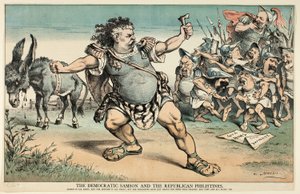 O Sansão democrata e os filisteus republicanos, de Puck de Joseph Keppler