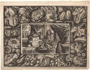 Ainda vida de queijo e frutas com uma borda de ornamento de Joseph Kling