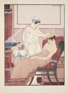 Uma esponja embebida em água quente é aplicada na cabeça, ilustração de "The Works of Hippocrates", 1934 de Joseph Kuhn Regnier