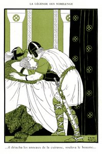 Lenda de Nibelunge: Siegfried abraça o Walkyrie Brunnhilde (cromolitografia) de Joseph Kuhn Regnier