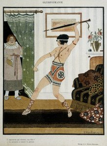 Jovem em treinamento de fantasia antiga para atirar dardo com um guarda-chuva. Cartaz de fantasia ilustrando o entusiasmo das Olimpíadas. Desenho de J. Kuhn Regnier por volta de 1920. de Joseph Kuhn Regnier