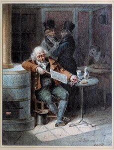 Leitura da Gazeta": velhote dormia num café a ler o jornal "A Gazeta" em 1824. Litografia de Joseph Louis Hippolyte Bellange (1800-1866) 1824 Paris, Musee Carnavalet de Joseph Louis Hippolyte Bellange