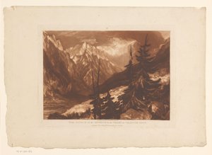 Vista do vale de Chamonix com o rio Arveyron A Fonte do Arveron no Vale de Chamouni Savoy (título no objeto) Estudos de paisagem (título da série) Liber Studiorum (título da série) de Joseph Mallord William Turner
