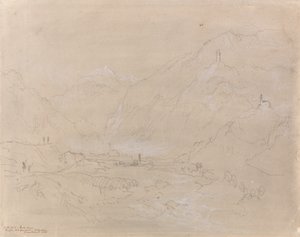 Paisagem montanhosa com cidade no vale, c.1840 (grafite e cinza lavado sobre papel) de Joseph Mallord William Turner