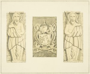 2 Figuras e Escudo de Armas de Gateway no Castelo Negro, Brislington de Joseph Manning