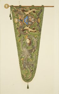 Banner of the Merchant Taylors, inscrito "Concordia Parvae Res Crescunt