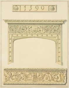 Chaminé e viga na sala superior e cornija na sala inferior, 9 Rua Pequena (desenho, aguarela) de Joseph Manning