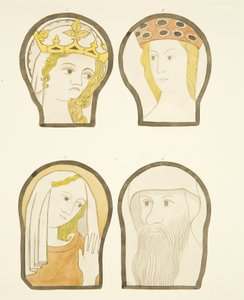 Quatro cabeças em vitrais a sul do coro na Catedral de Bristol (aguarela sobre papel) de Joseph Manning