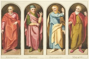 Quatro profetas menores pintados no lado oeste da tela, dividindo a nave do coro da Catedral de Bristol (aquarela sobre papel) de Joseph Manning