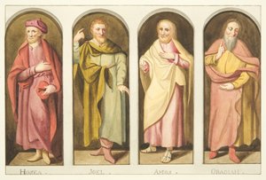 Quatro profetas menores pintados no lado oeste da tela, dividindo a nave do coro da Catedral de Bristol (aquarela sobre papel) de Joseph Manning