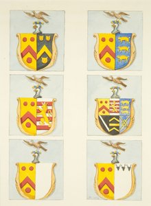 Seis escudos de armas em vitrais nos corredores norte e sul (extremidade leste) da Catedral de Bristol (aguarela sobre papel) de Joseph Manning