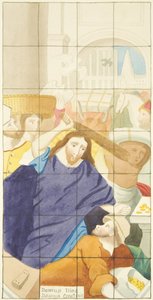 Janela de vidro manchado na extremidade leste do corredor sul da Catedral de Bristol mostrando compradores e vendedores no Templo (aquarela sobre papel) de Joseph Manning