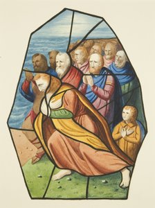 Janelas de vidro manchadas, provavelmente mostrando os Discípulos no Mar da Galileia, São Miguel (aquarela sobre papel) de Joseph Manning