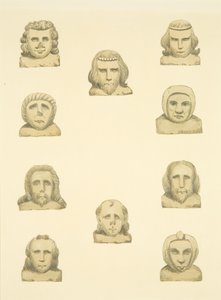 Dez cabeças em friso ao redor da varanda norte de St Mary Redcliffe (aguarela sobre papel) de Joseph Manning