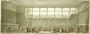 O Juramento do Tribunal de Ténis, c.1789 (giz preto, caneta e tinta castanha com lavagem cinzenta) de Joseph Marie Flouest