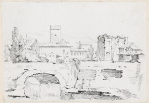 Uma cidade italiana com uma ponte de pedra e uma cachoeira de Joseph Marie Vien