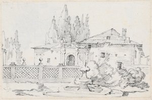 Casa e árvores em uma parede de jardim de Joseph Marie Vien