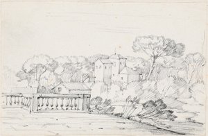 Terraço perto de um rio com uma vila e árvores além de Joseph Marie Vien