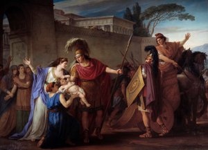 Adeus Hector e Andromaque. Partindo para a Guerra de Tróia, Hector deixa a sua esposa e filho Astyanax. Pintura de Joseph Marie Vien (1716-1809) 1786 Sol. 3,29 X 4,25 m