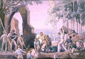 Men at Work, c.1920s (caneta & tinta & aquarela sobre papel) de Joseph Milner